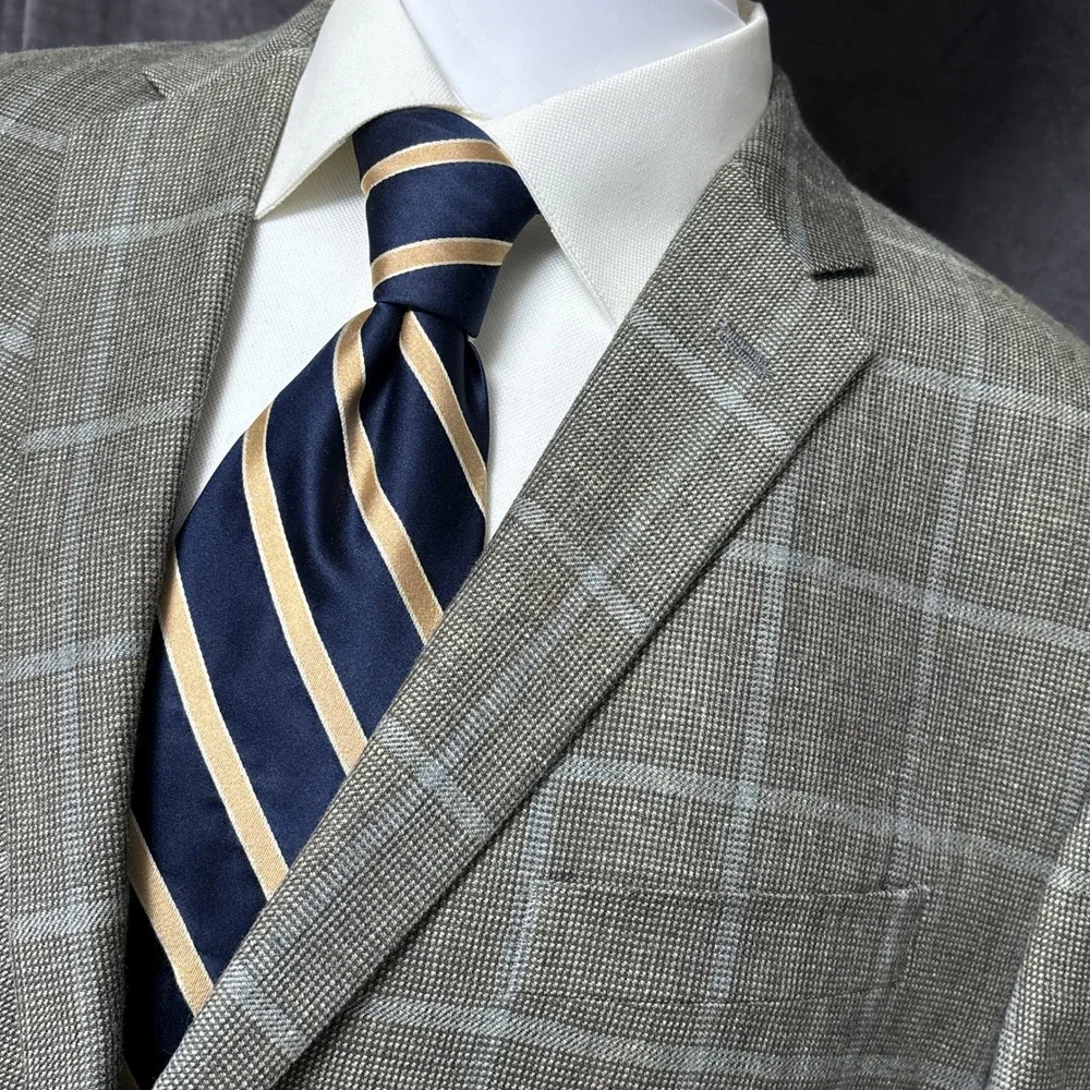 JS A Bank Sport Coat 46S Slim Fit Brown Plaid Windowpane Linen Wool Blazer